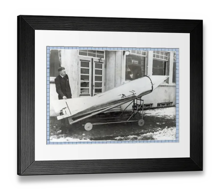 Framed Print : Man Stands Next To Small, Early Rocket Framed Print : Man Stands Next To Small, Early Rocket