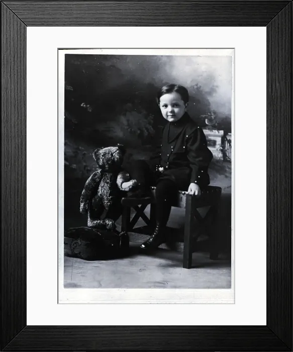 Framed Print : Boy on Stool Beside His Teddy Bear Framed Print : Boy on Stool Beside His Teddy Bear