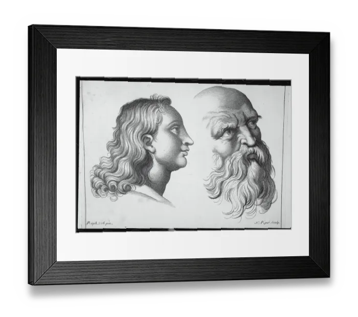 Framed Print : Copper Engraving of Young Girl and Old Man Framed Print : Copper Engraving of Young Girl and Old Man