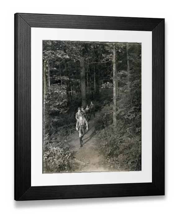 Framed Print : Boy Scouts Hiking on Wooded Trail