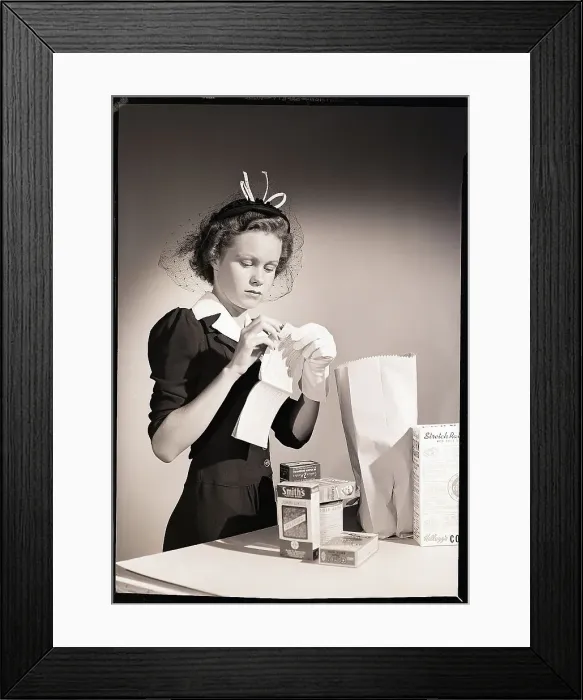 Framed Print : Woman Shopper with Groceries and Ration Book Framed Print : Woman Shopper with Groceries and Ration Book