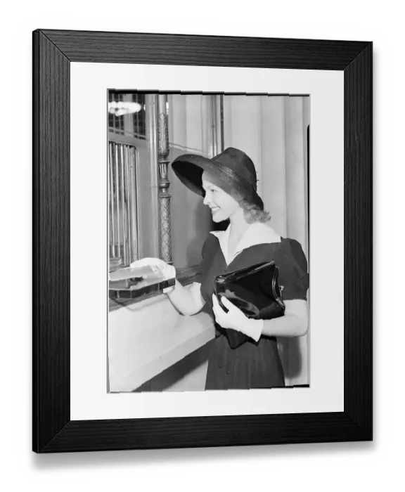 Framed Print : Young Woman At Bank Teller'S Window Framed Print : Young Woman At Bank Teller'S Window