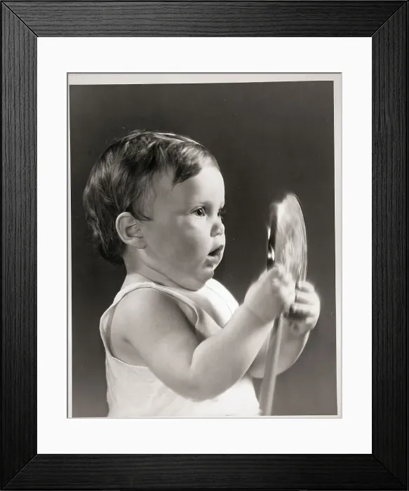Framed Print : Baby with Mirror Framed Print : Baby with Mirror
