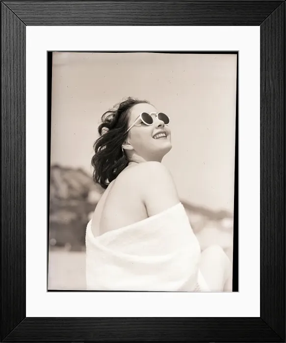Framed Print : Woman Modeling Sunglasses in Bathing Suit Framed Print : Woman Modeling Sunglasses in Bathing Suit