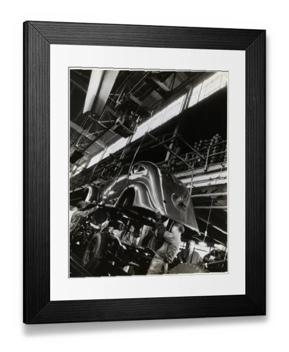 Framed Print : Lowering Auto Body Onto Chassis