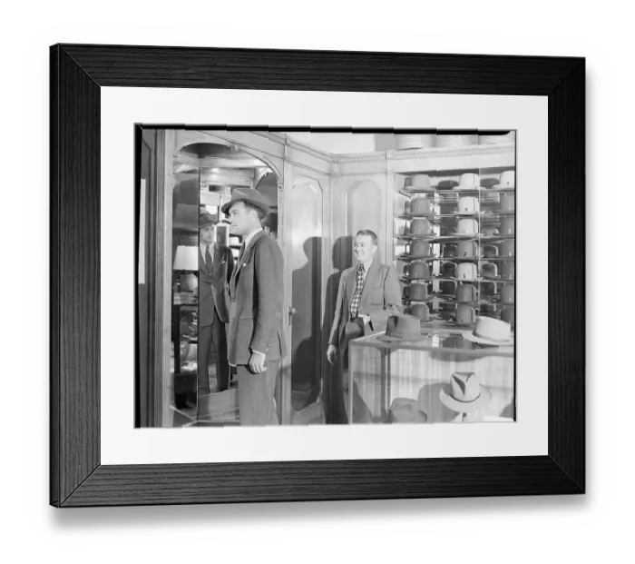 Framed Print : Customer and Salesman at Hat Store Framed Print : Customer and Salesman at Hat Store