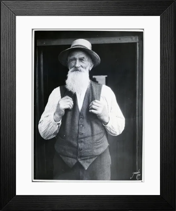 Framed Print : Elderly Bearded Man Wearing Straw Hat and Vest Framed Print : Elderly Bearded Man Wearing Straw Hat and Vest