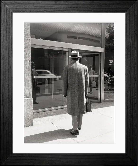 Framed Print : Salesman in Front of Office Building Framed Print : Salesman in Front of Office Building