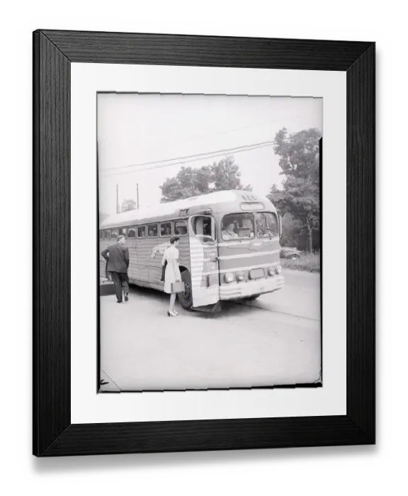 Framed Print : Woman Boarding Greyhound Bus Framed Print : Woman Boarding Greyhound Bus