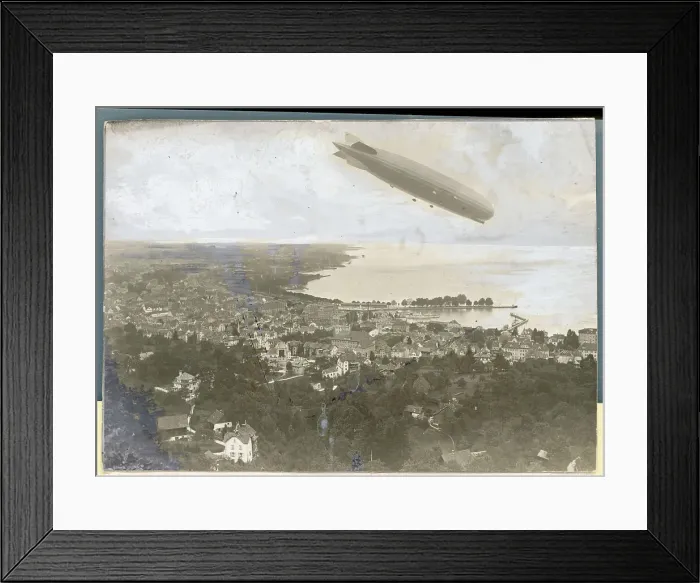 Framed Print : Zeppelin Flying over Lake Framed Print : Zeppelin Flying over Lake
