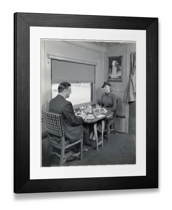 Framed Print : Couple Dining in Train Dining Car Framed Print : Couple Dining in Train Dining Car