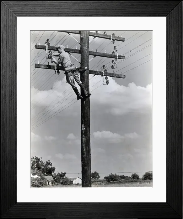 Framed Print : Telephone Worker up a Pole Working Framed Print : Telephone Worker up a Pole Working