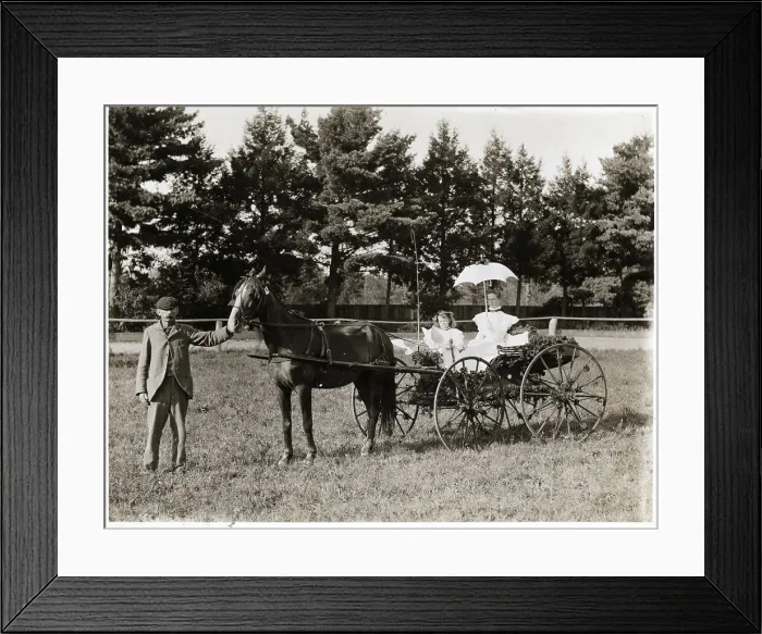 Framed Print : Woman & Girl in Wagon / Man Holds Horse Framed Print : Woman & Girl in Wagon / Man Holds Horse