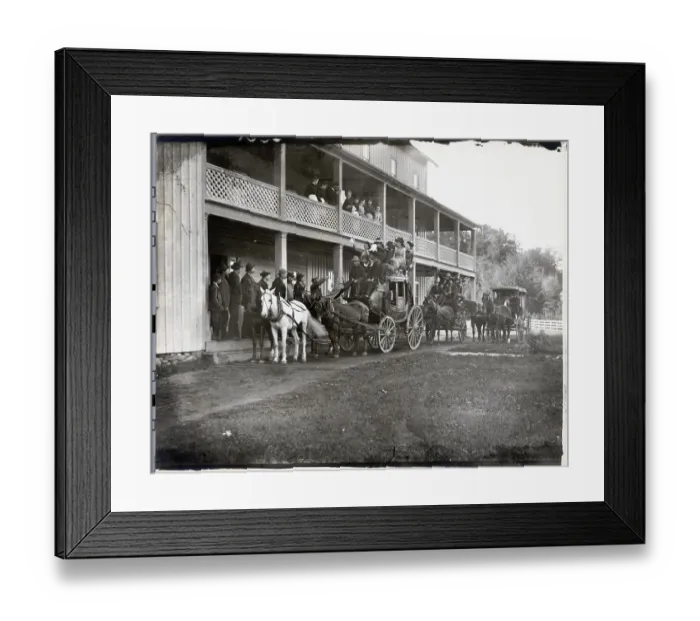 Framed Print : Stagecoaches Transport People Outside a Hotel Framed Print : Stagecoaches Transport People Outside a Hotel