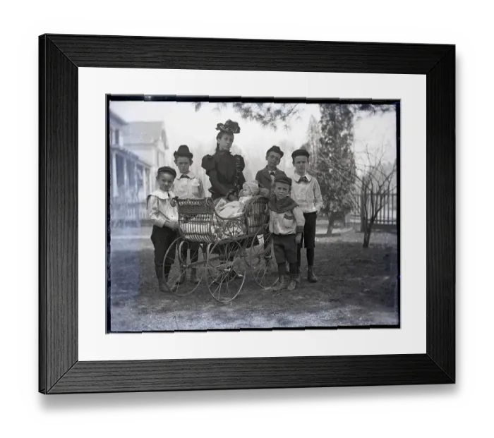 Framed Print : Mother, Sons Stand Around Baby Carriage Framed Print : Mother, Sons Stand Around Baby Carriage