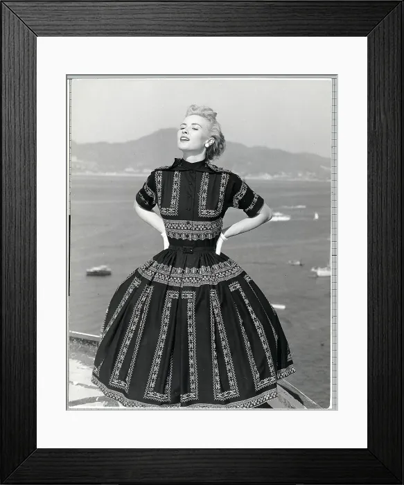 Framed Print : Woman Modeling Pompadour Print Dress Framed Print : Woman Modeling Pompadour Print Dress