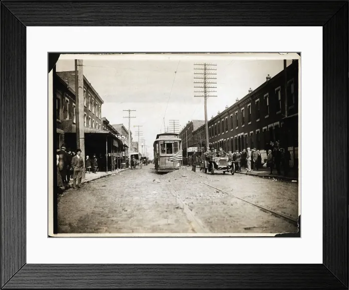 Framed Print : Trolley Car Blocked By Dirt Pile W / Flag Framed Print : Trolley Car Blocked By Dirt Pile W / Flag