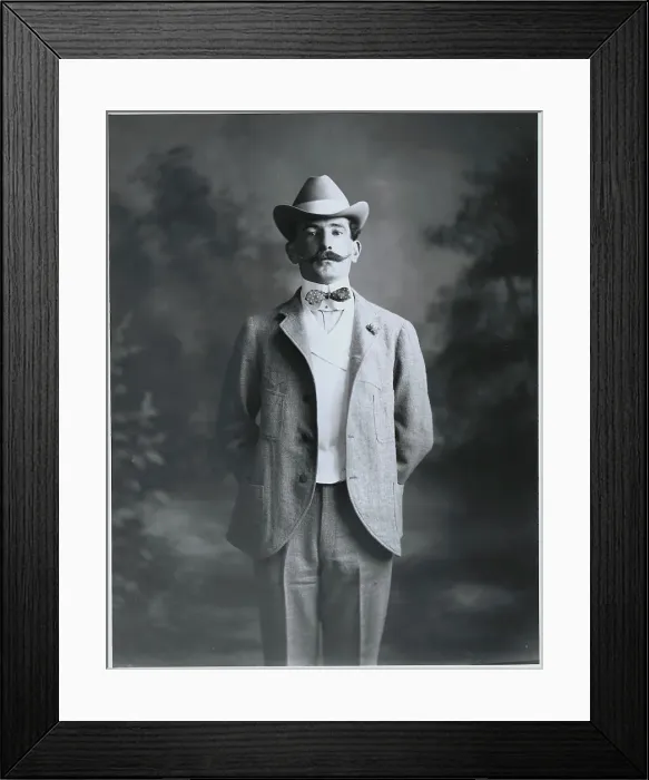 Framed Print : Man W / Handle-Bar Moustache in Suit, Hat