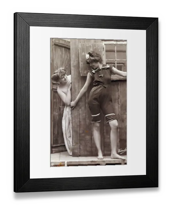Framed Print : Model Smiles At Model Behind Door Framed Print : Model Smiles At Model Behind Door