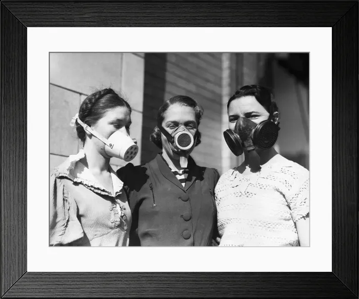 Framed Print : Three Girls Wearing Masks For Breathing