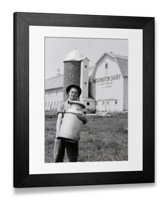 Framed Print : Dairy Barn Farm With Man Carrying Milk Framed Print : Dairy Barn Farm With Man Carrying Milk