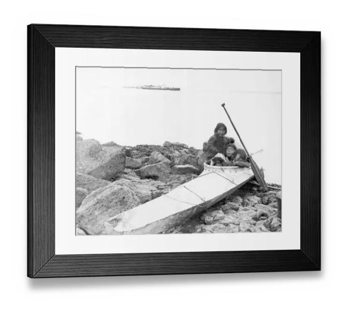 Framed Print : Children Playing In Kayak On Shore Framed Print : Children Playing In Kayak On Shore