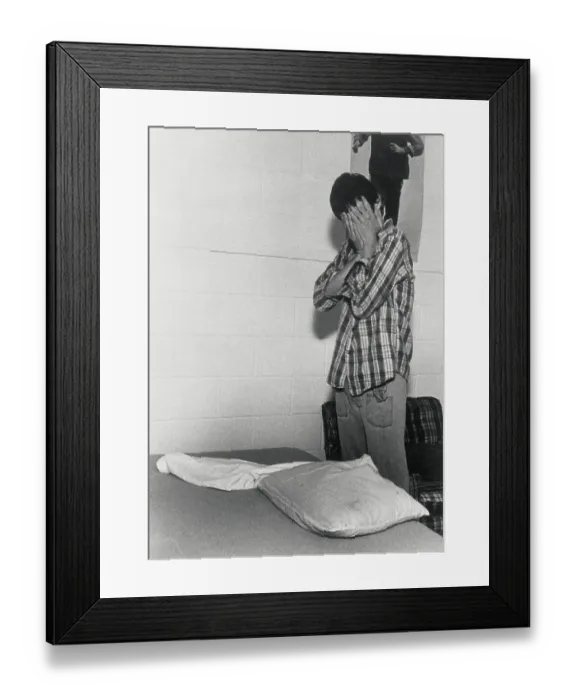 Framed Print : Autistic Young Man Covering His Face in Frustration Framed Print : Autistic Young Man Covering His Face in Frustration