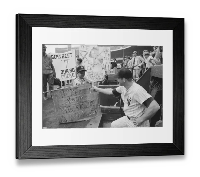 Framed Print : Mickey Mantle Greeting a Young Fan in Miniature Baseball Uniform Framed Print : Mickey Mantle Greeting a Young Fan in Miniature Baseball Uniform
