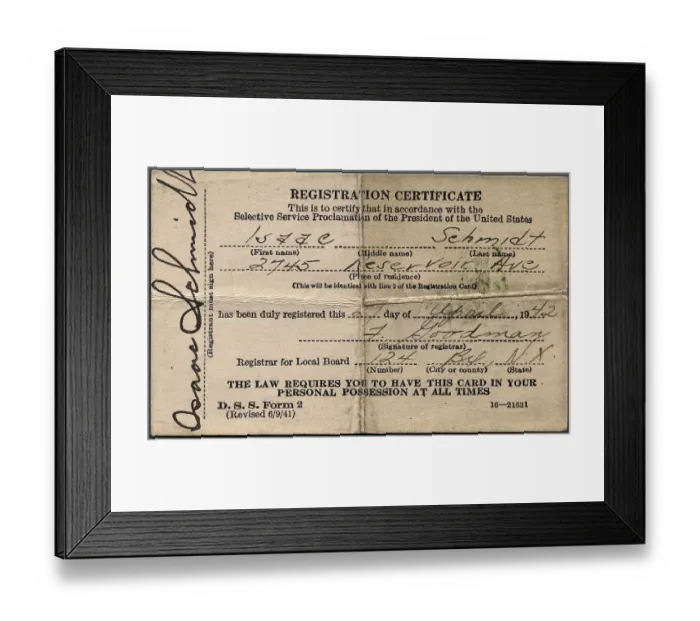 Framed Print : Front side of Selective Service Registration Certificate Framed Print : Front side of Selective Service Registration Certificate