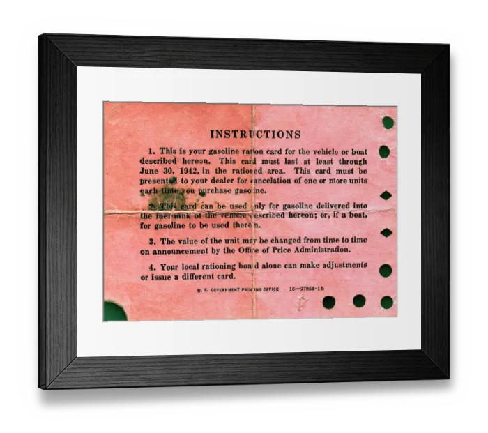 Framed Print : Back Side of Gasoline Ration Card Framed Print : Back Side of Gasoline Ration Card