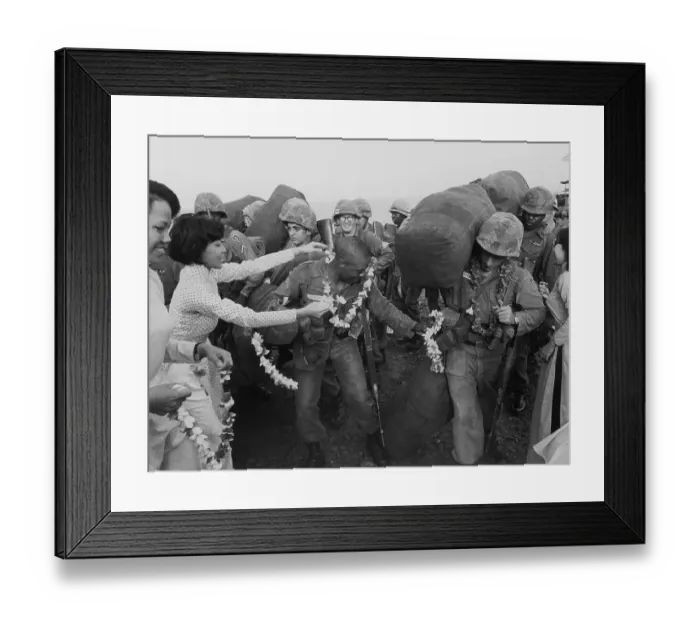 Framed Print : Girls Putting Flowers Around Soldiers Necks Framed Print : Girls Putting Flowers Around Soldiers Necks