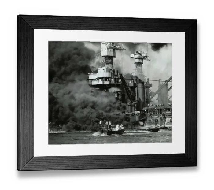 Framed Print : Small Boat Rescues Men From Burning Ship Framed Print : Small Boat Rescues Men From Burning Ship