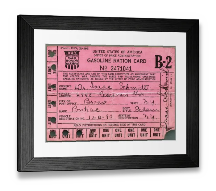 Framed Print : Front Side of Gasoline Ration Card Framed Print : Front Side of Gasoline Ration Card