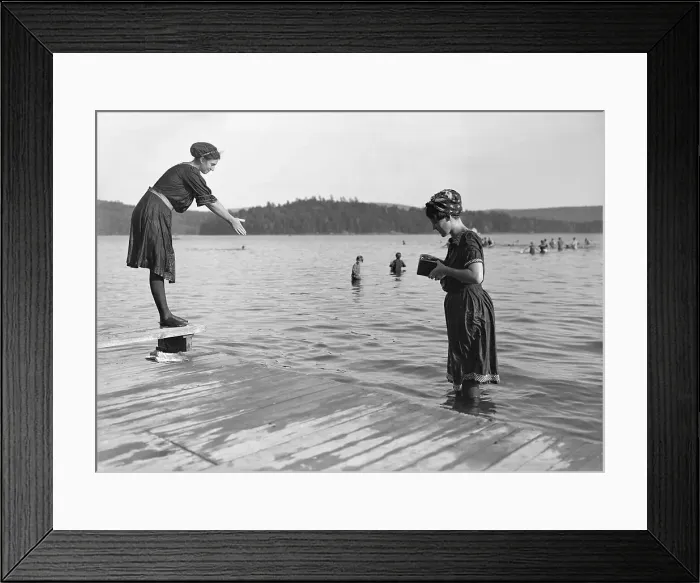 Framed Print : Vintage photograph showing woman bathing in lake Framed Print : Vintage photograph showing woman bathing in lake