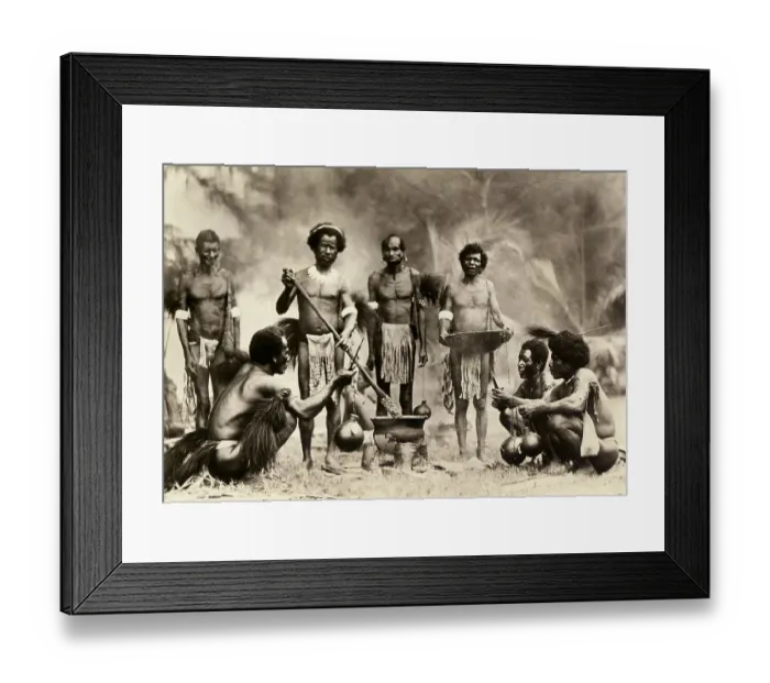 Framed Print : New Guinea Natives Posing at Cooking Scene Framed Print : New Guinea Natives Posing at Cooking Scene