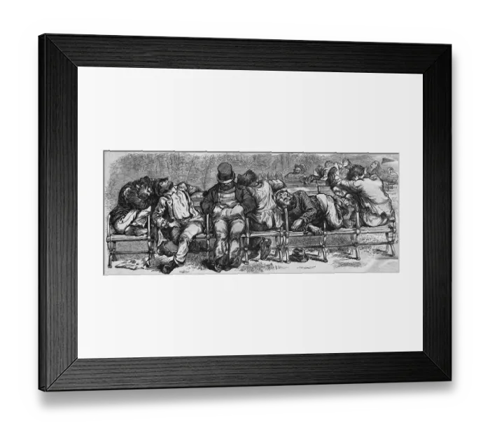 Framed Print : Homeless Men Sleeping on Benches Framed Print : Homeless Men Sleeping on Benches