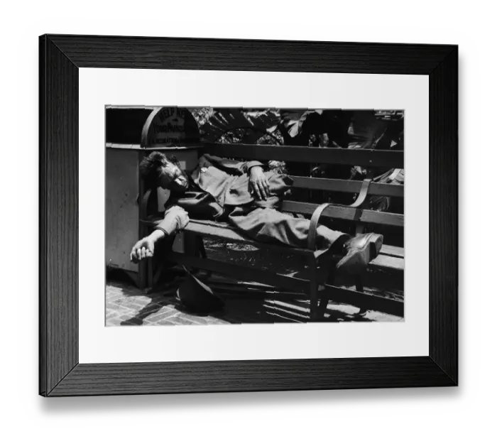 Framed Print : Homeless Man Missing Leg Sleeping on Bench