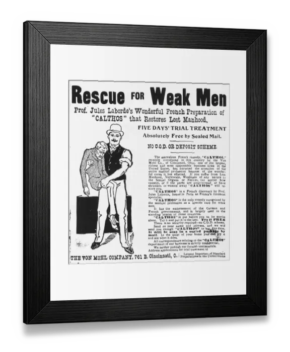 Framed Print : Advertisement for Product Which Helps Weak Men Framed Print : Advertisement for Product Which Helps Weak Men