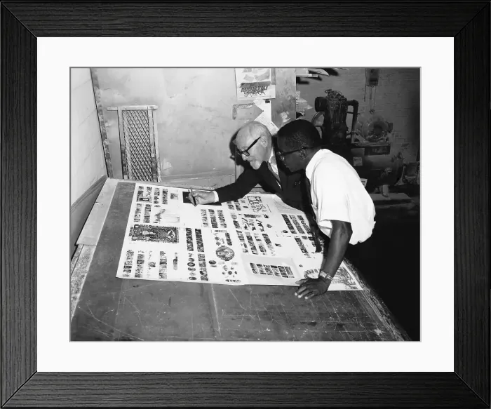 Framed Print : Otto Bettmann Works On Bpa Layout; 1960 Framed Print : Otto Bettmann Works On Bpa Layout; 1960