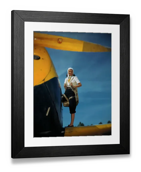 Framed Print : Woman Boarding Plane with Parachute Framed Print : Woman Boarding Plane with Parachute