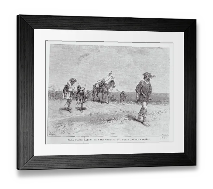 Framed Print : Explorer Alva Nunez De Vaca and Men Trekking American Terrain Framed Print : Explorer Alva Nunez De Vaca and Men Trekking American Terrain