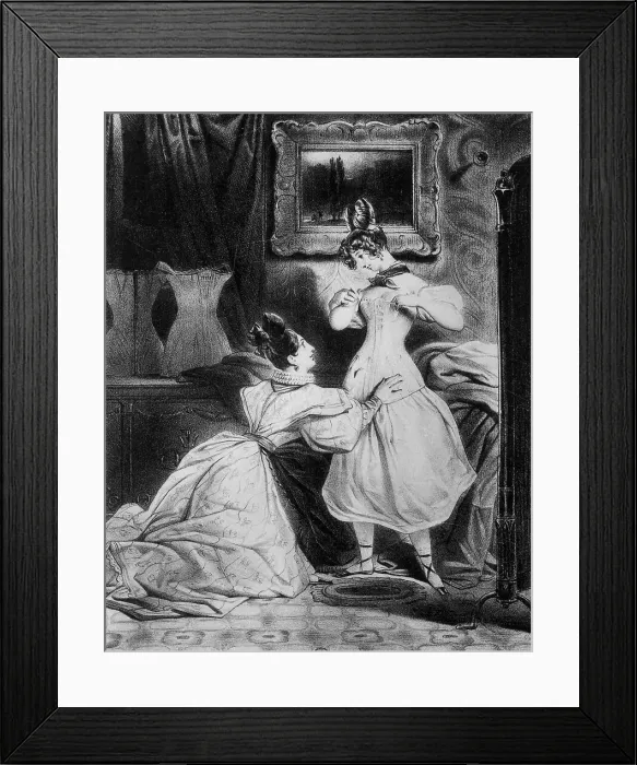 Framed Print : Woman Trying on Corset in Fashion Establishment of 1830s Framed Print : Woman Trying on Corset in Fashion Establishment of 1830s