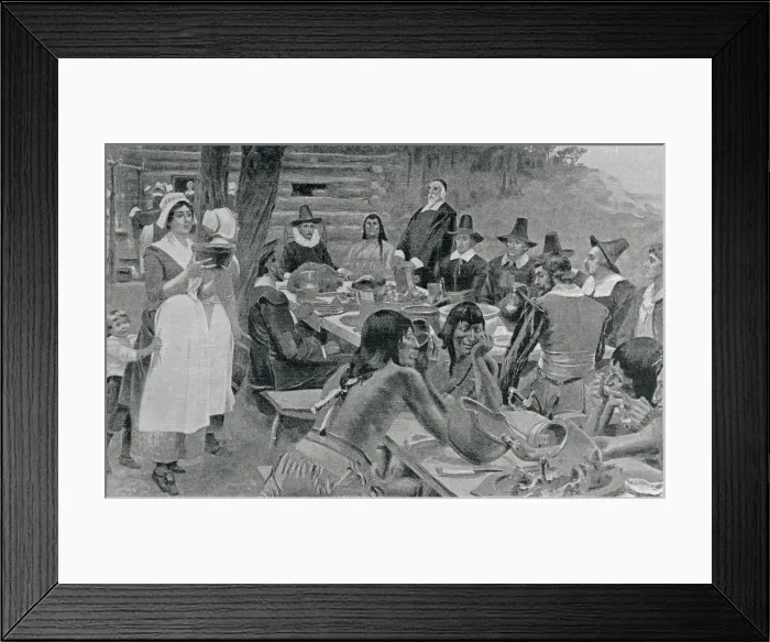 Framed Print : Pilgrims and Indians at First Thanksgiving Dinner Framed Print : Pilgrims and Indians at First Thanksgiving Dinner