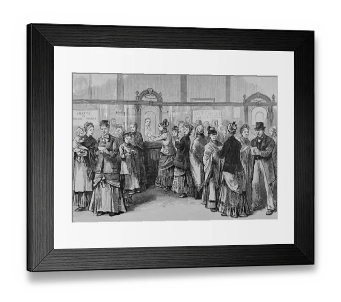 Framed Print : Customers Waiting on Line Inside Bank