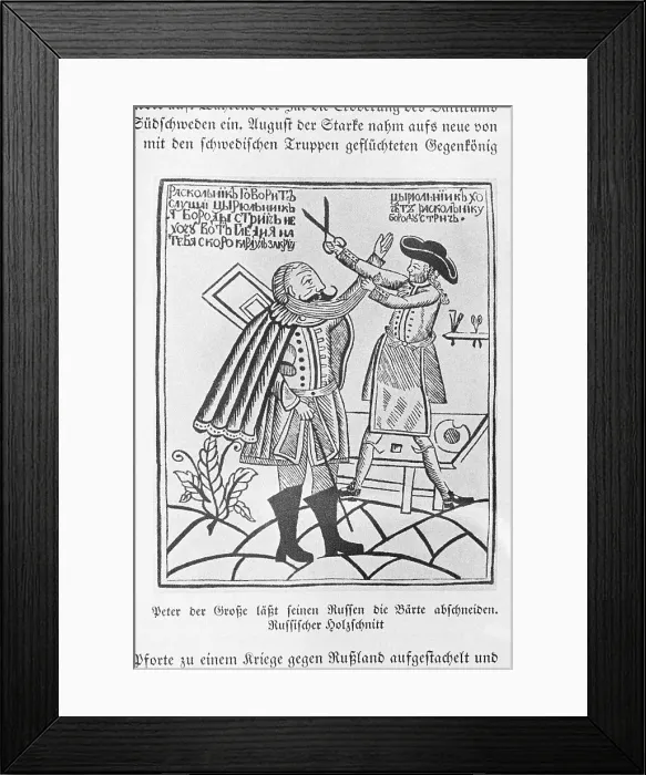 Framed Print : Woodcut of Peter the Great cutting the beard of a boyar Framed Print : Woodcut of Peter the Great cutting the beard of a boyar