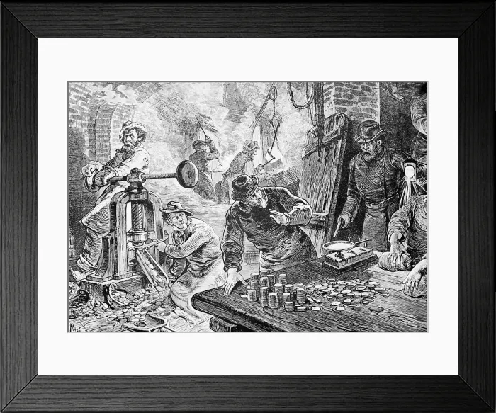 Framed Print : Engraving of Men Creating Counterfeit Coins Framed Print : Engraving of Men Creating Counterfeit Coins