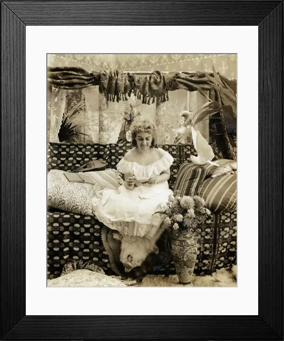 Framed Print : Woman Seated Reads Letter Dove Watches Framed Print : Woman Seated Reads Letter Dove Watches
