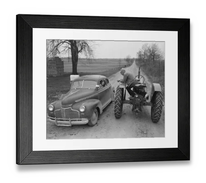 Framed Print : Woman in Car Talking to Man on Tractor Framed Print : Woman in Car Talking to Man on Tractor