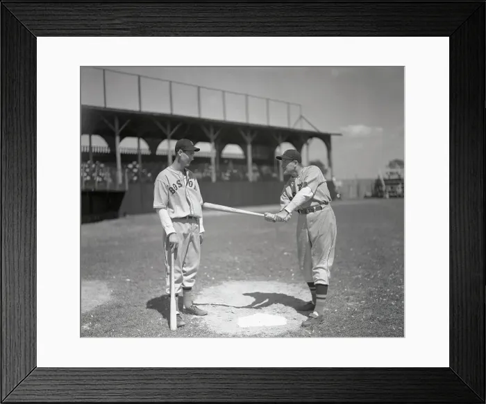 Framed Print : Joe Cronin Demonstrating Batting Stance for Ted Williams Framed Print : Joe Cronin Demonstrating Batting Stance for Ted Williams