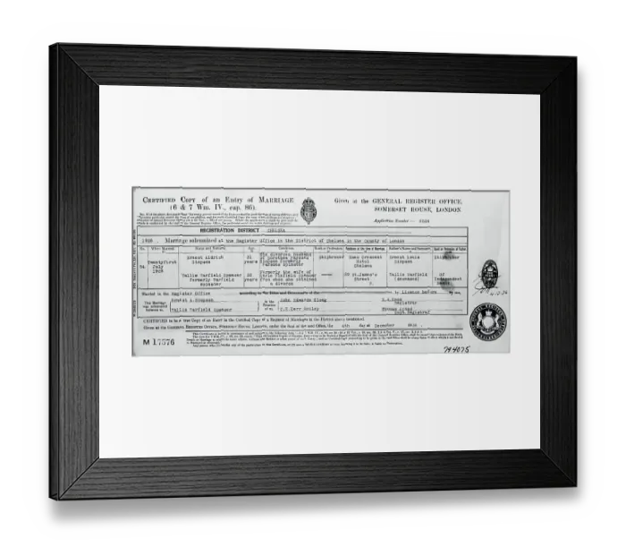 Framed Print : Marriage License of Duchess of Windsor Framed Print : Marriage License of Duchess of Windsor